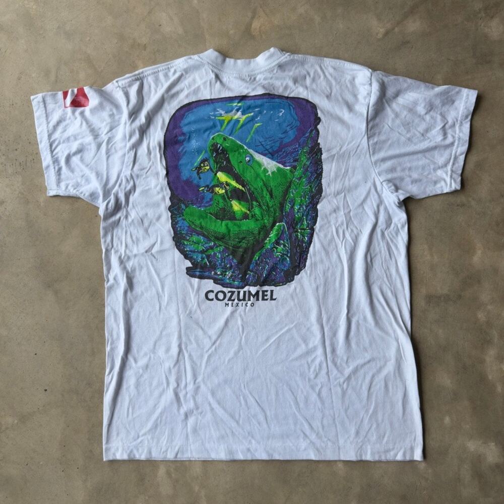 VINTAGE 90S COZUMEL MEXICO T-SHIRT SHARK FISH OCEAN SNORKELING GRAPHIC MENS XXL